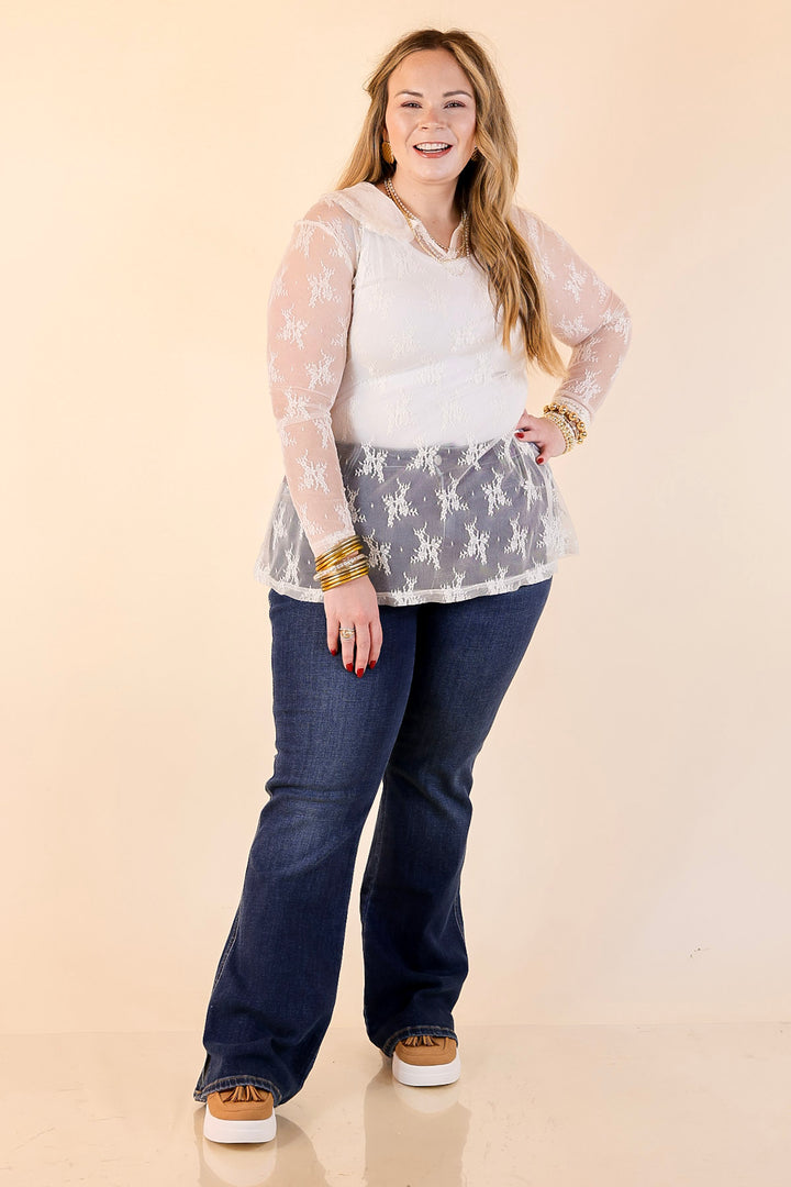 Pretty and Poised Floral Print Lace Top with Ruffle Peter Pan Collar in Ivory