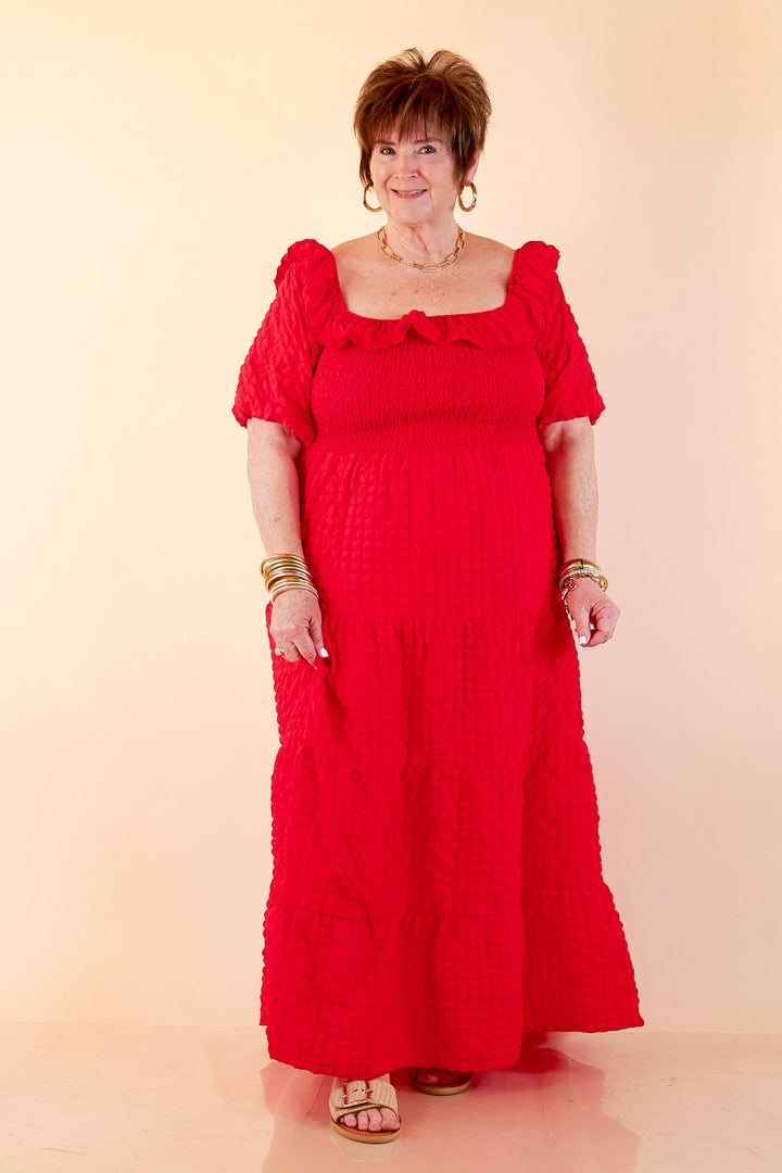 Simply Southern | Radiant Moment Textured Smocked Bodice Tiered Maxi Dress with Puff Sleeves in Red