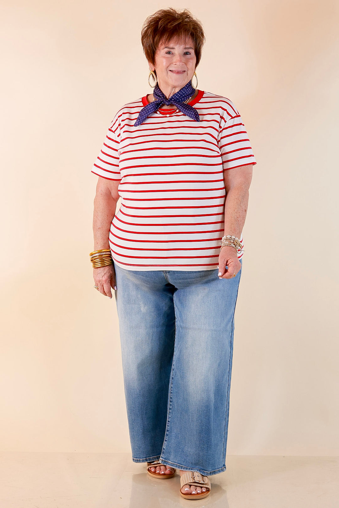 The Daily Stripe Scoop Neck Short Sleeve Striped Tee Top in Red