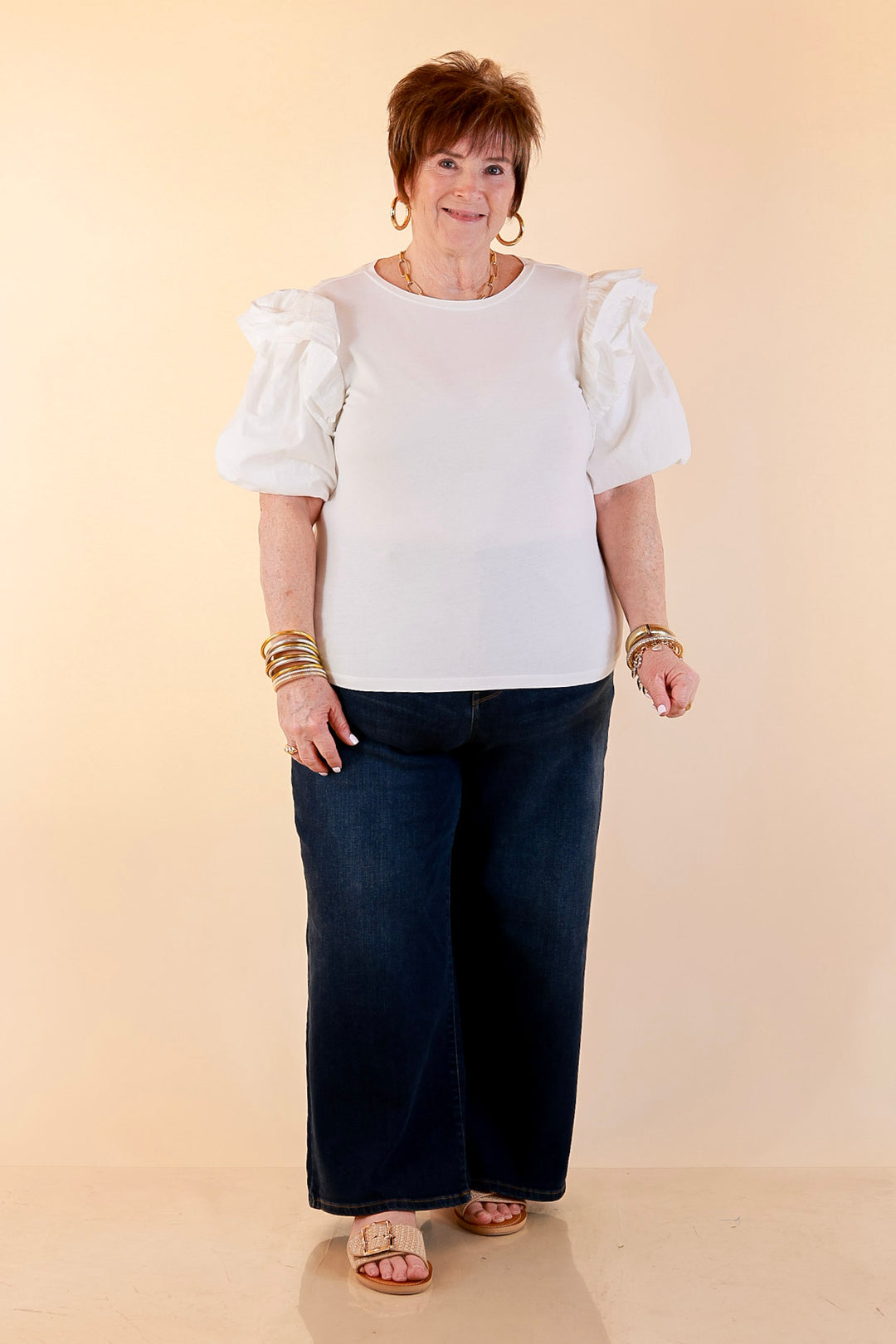 Mud Pie | Standout Style Ruffle Puff Sleeve Knit Top in White