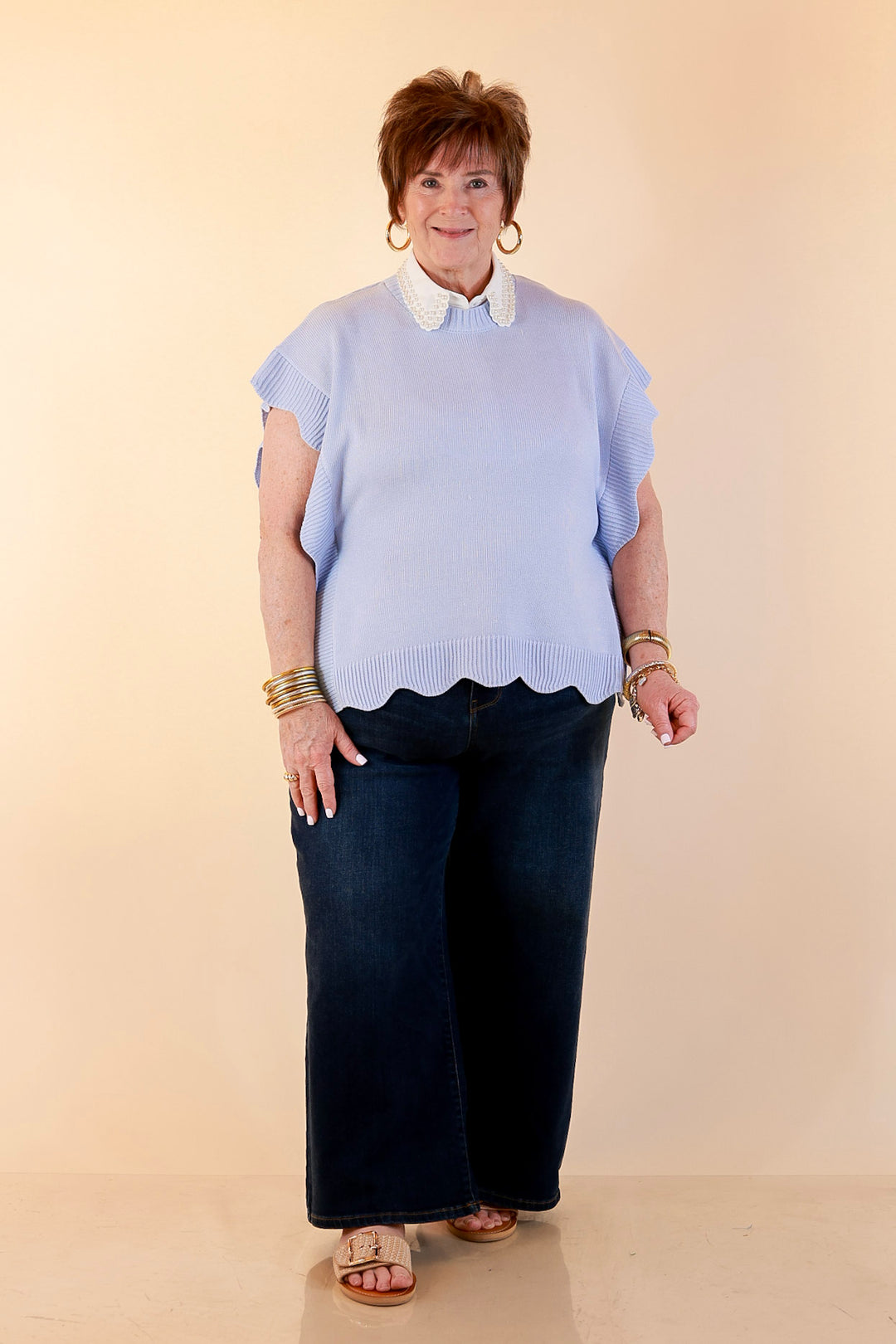 Mud Pie | Sweet Simplicity Scalloped Edge Side Tie Knit One Sized Poncho Sweater in Blue