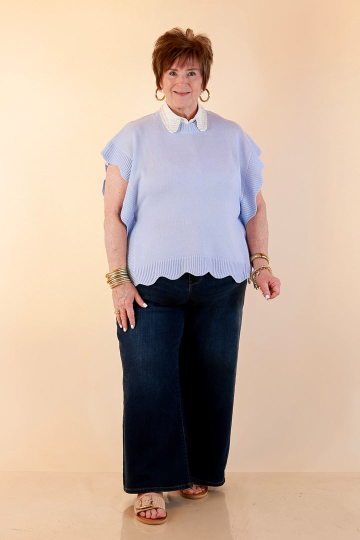 Mud Pie | Sweet Simplicity Scalloped Edge Side Tie Knit One Sized Poncho Sweater in Blue