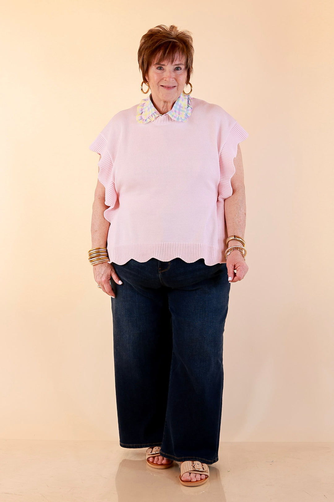 Mud Pie | Sweet Simplicity Scalloped Edge Side Tie Knit One Sized Poncho Sweater in Pink