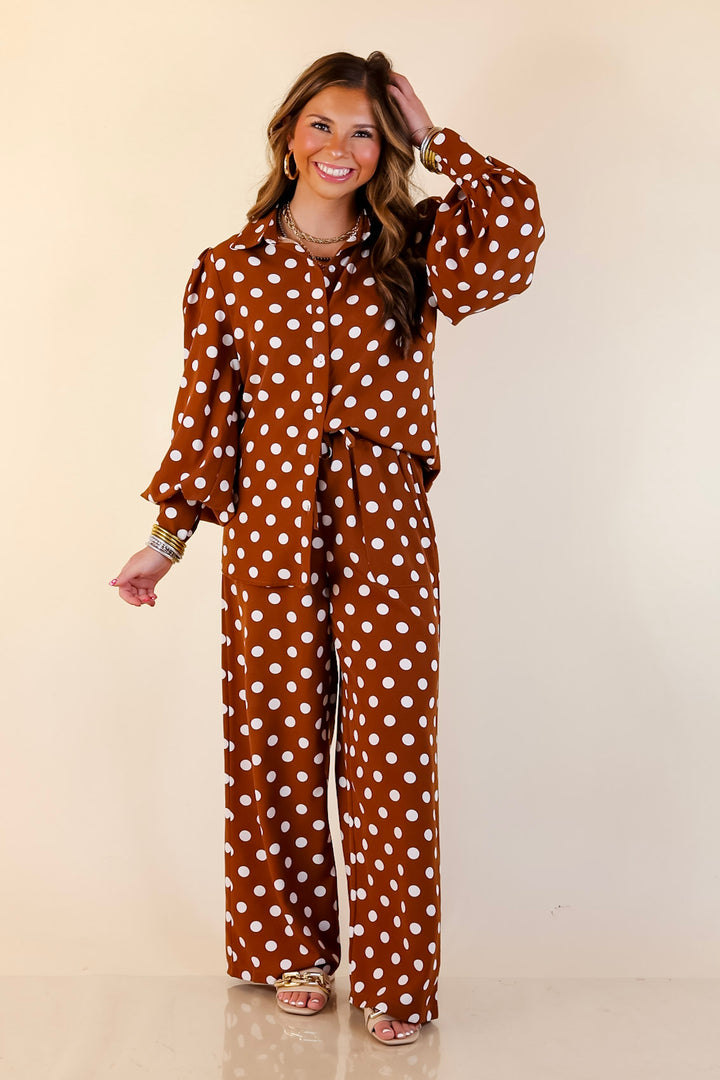 Better Together Polka Dot Button Up Collared Top with Poofy Sleeves in Brown