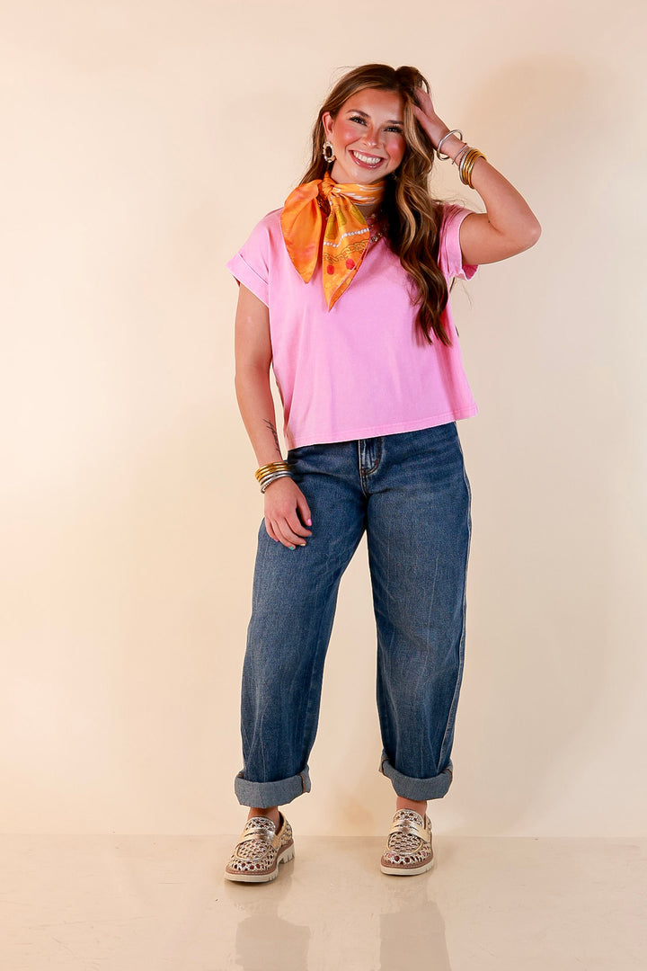 Easy Chic Mineral Washed Short Sleeve Cropped Tee in Candy Pink