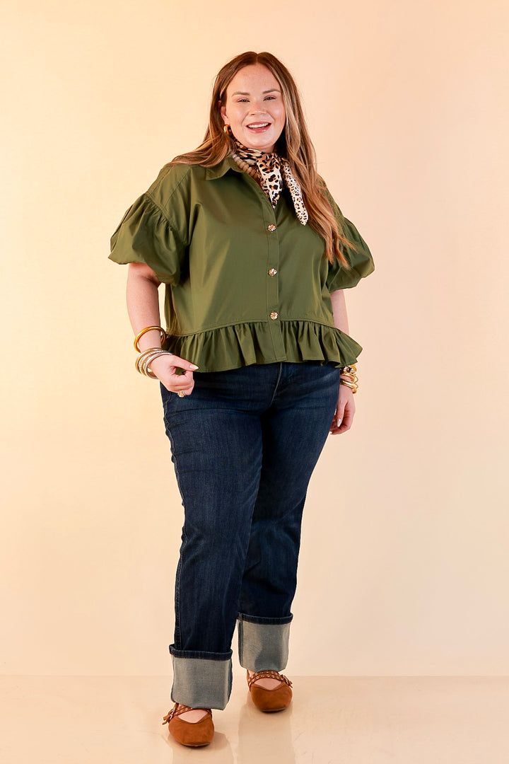 Style in Session Solid Button Down Peplum Bubble Sleeve Top in Olive Green