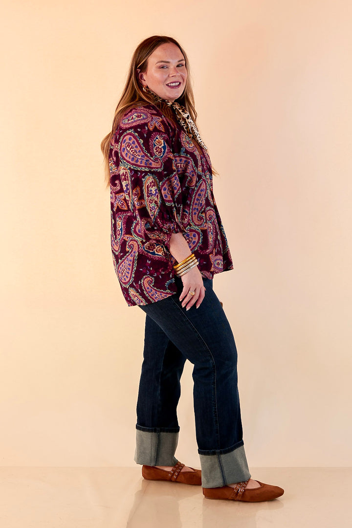 Caught My Eye Ruffle Contrast Stripe Detail Neck Balloon Sleeve Paisley Print Blouse in Plum Purple Mix