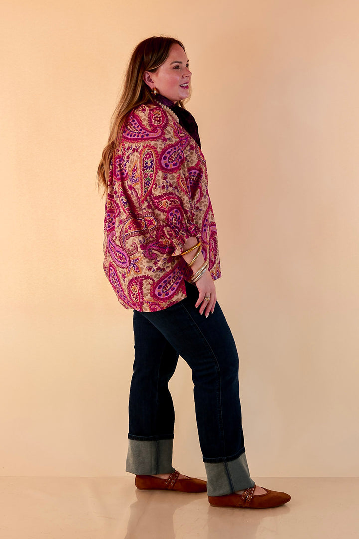 Caught My Eye Ruffle Contrast Stripe Detail Neck Balloon Sleeve Paisley Print Blouse in Fuchsia Pink Multi