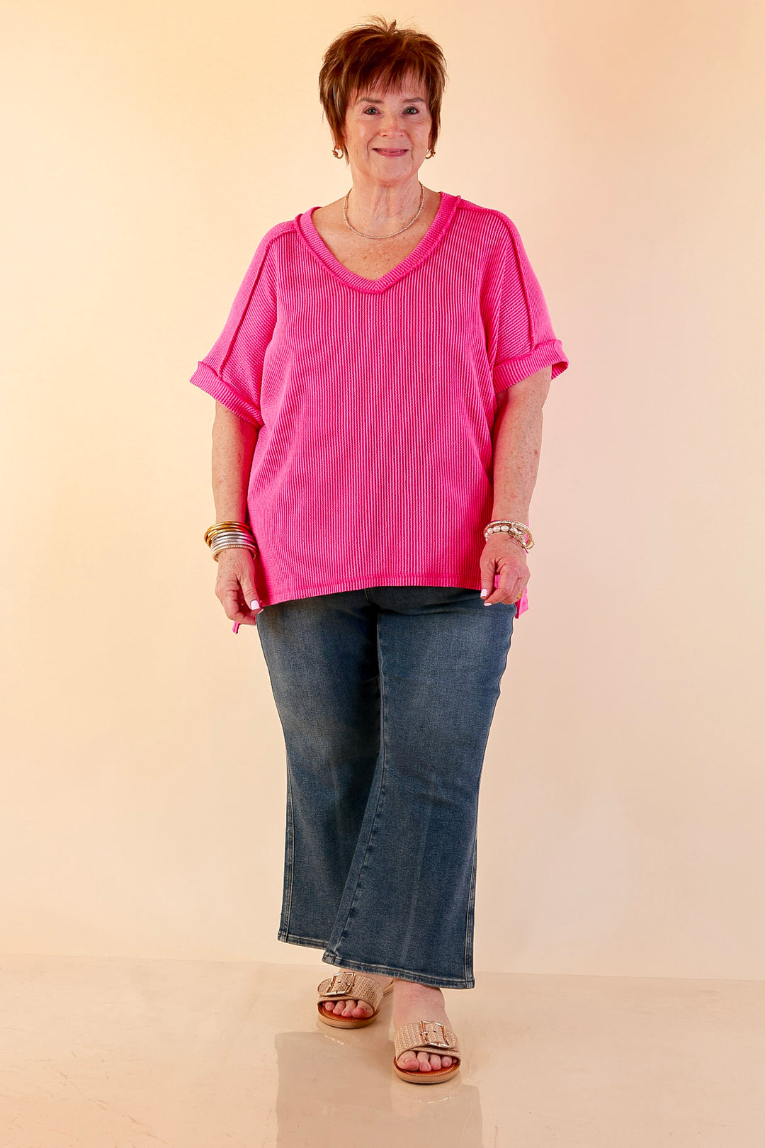 Daily Perfection V Neck Short Sleeve Ribbed Top in Hot Pink