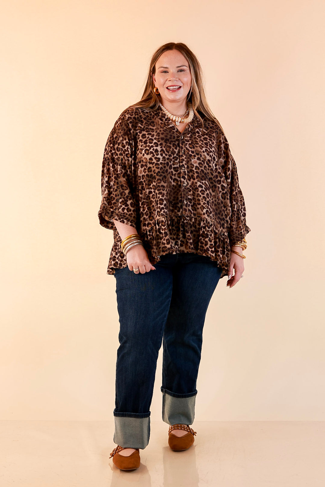 Quite the Impression Collared Button Front Leopard Print Peplum Top in Brown Multi