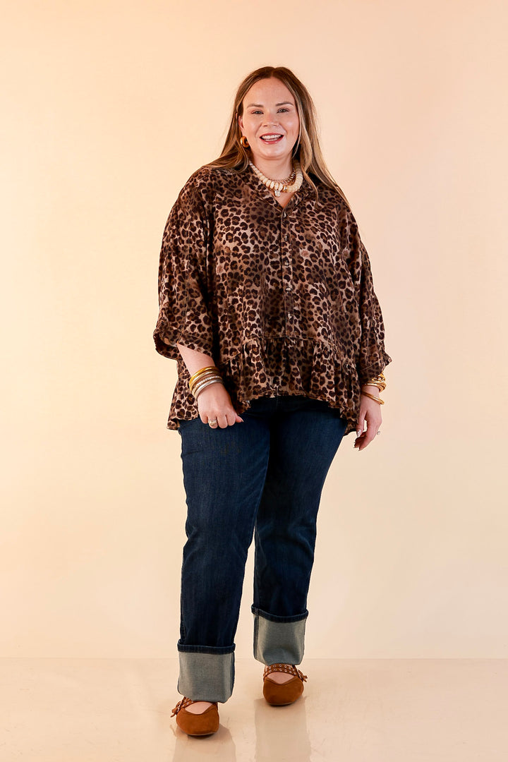 Quite the Impression Collared Button Front Leopard Print Peplum Top in Brown Multi