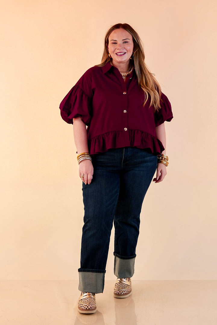 Style in Session Solid Button Down Peplum Bubble Sleeve Top in Maroon