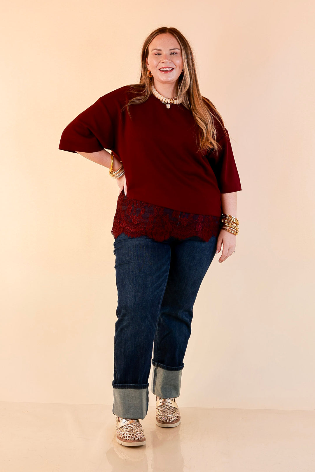 Laced with Charm Oversized Asymmetrical Lace Trim Boxy Top in Maroon