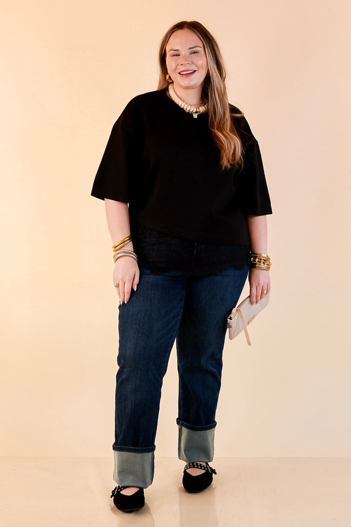 Laced with Charm Oversized Asymmetrical Lace Trim Boxy Top in Black