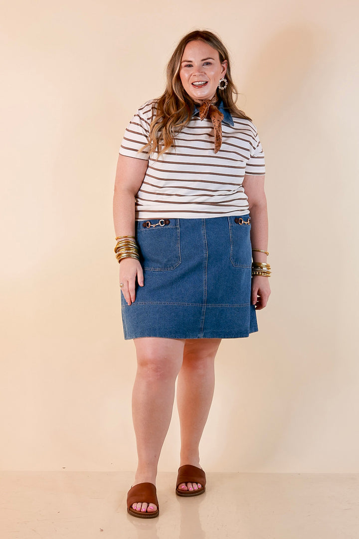 The Daily Stripe Scoop Neck Short Sleeve Striped Tee Top in Mocha Brown