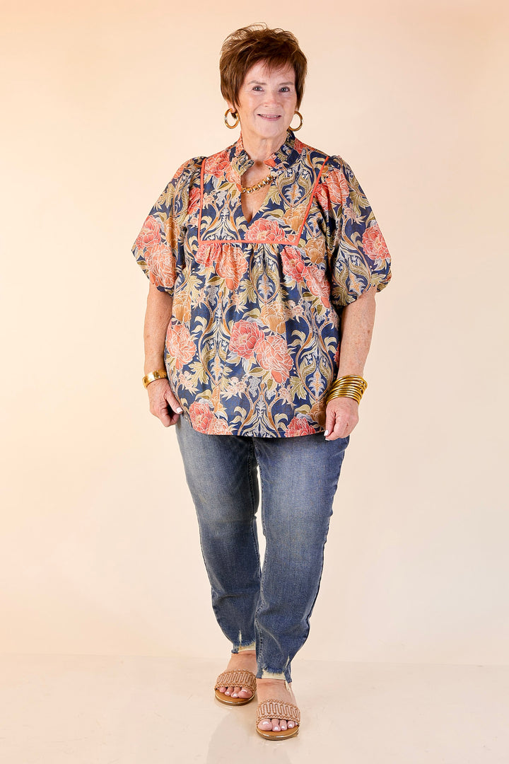 Blooming Days Ahead Floral Print V Neck Blouse with Puff Sleeves and Ruffle Trim Collar in Navy Mix
