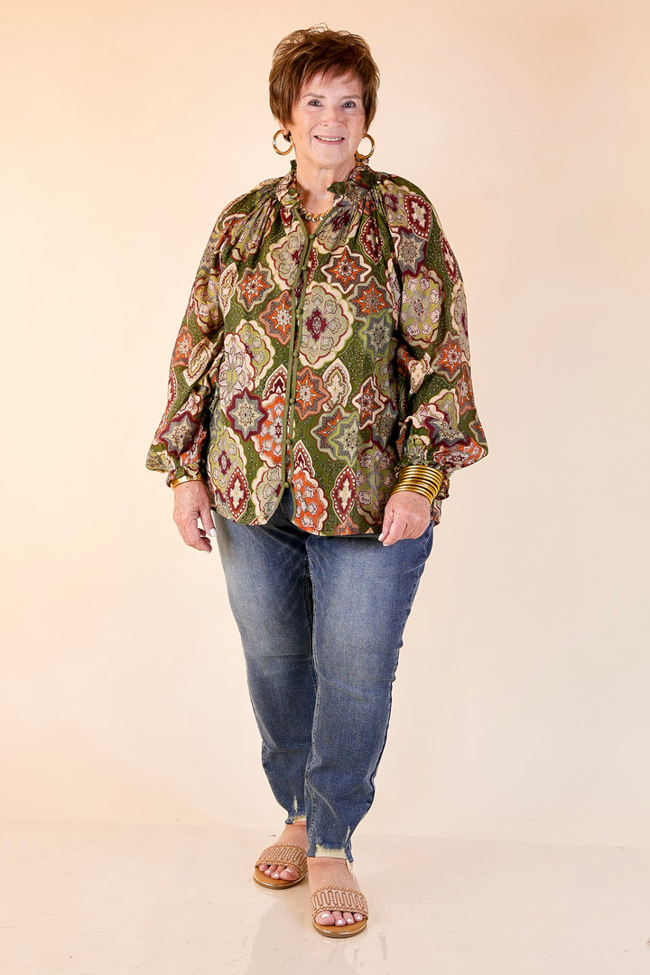 Mosaic Muse Boho Mosaic Print Long Balloon Sleeve Blouse in Olive Green, Maroon and Rust Orange