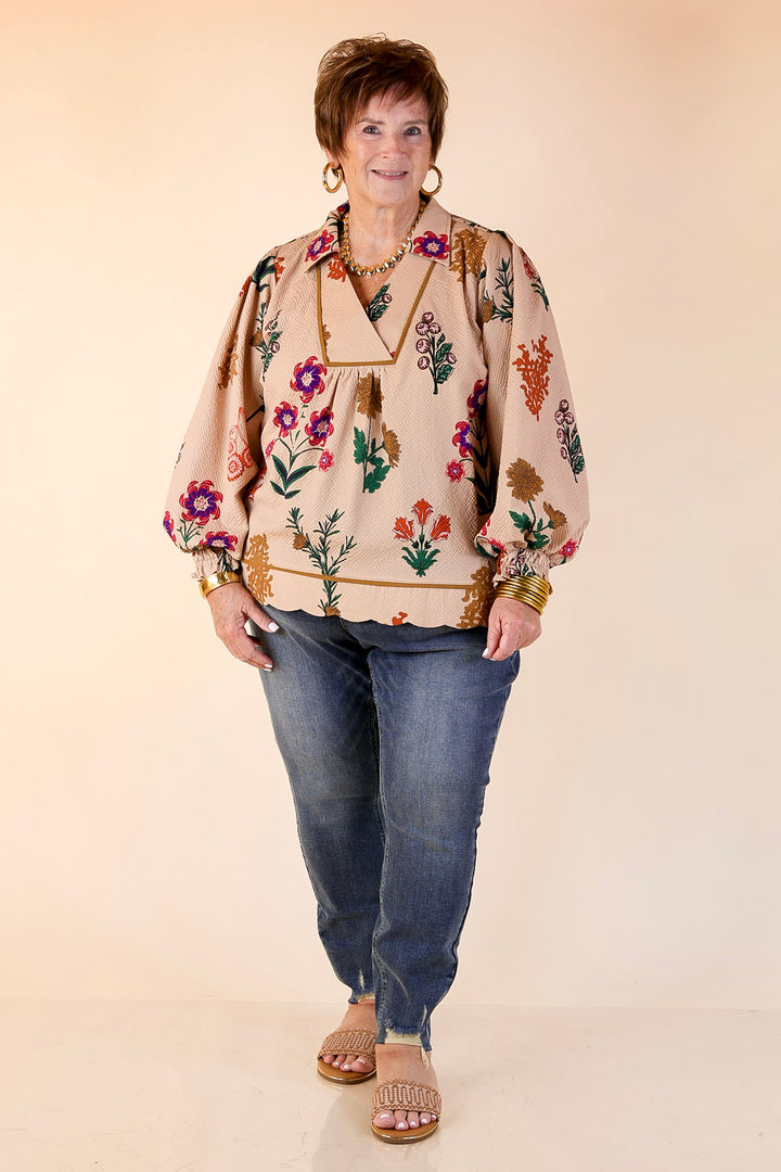 Garden Soirée Floral Print Collared Blouse with Long Balloon Sleeves in Tan