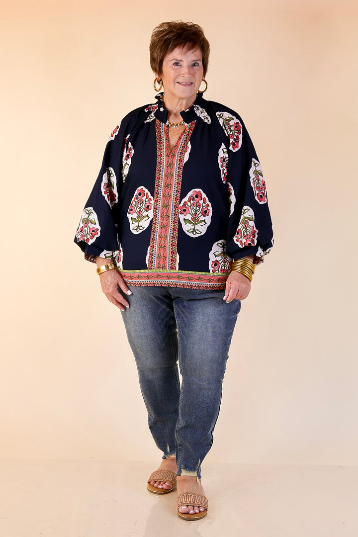 Farmer's Market Flair Floral Print V Neck Blouse with Long Balloon Sleeves in Navy