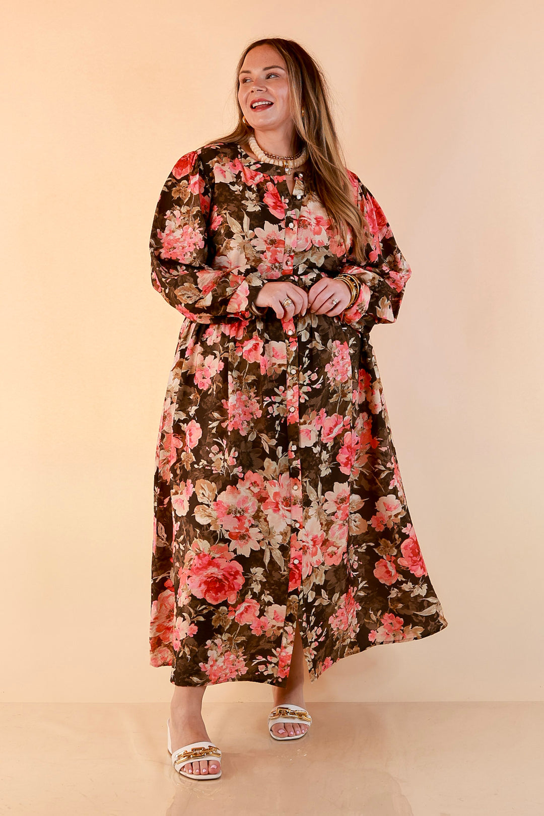 Written in the Roses Long Sleeve Floral Button Front Belted Midi Dress in Olive Green Multi