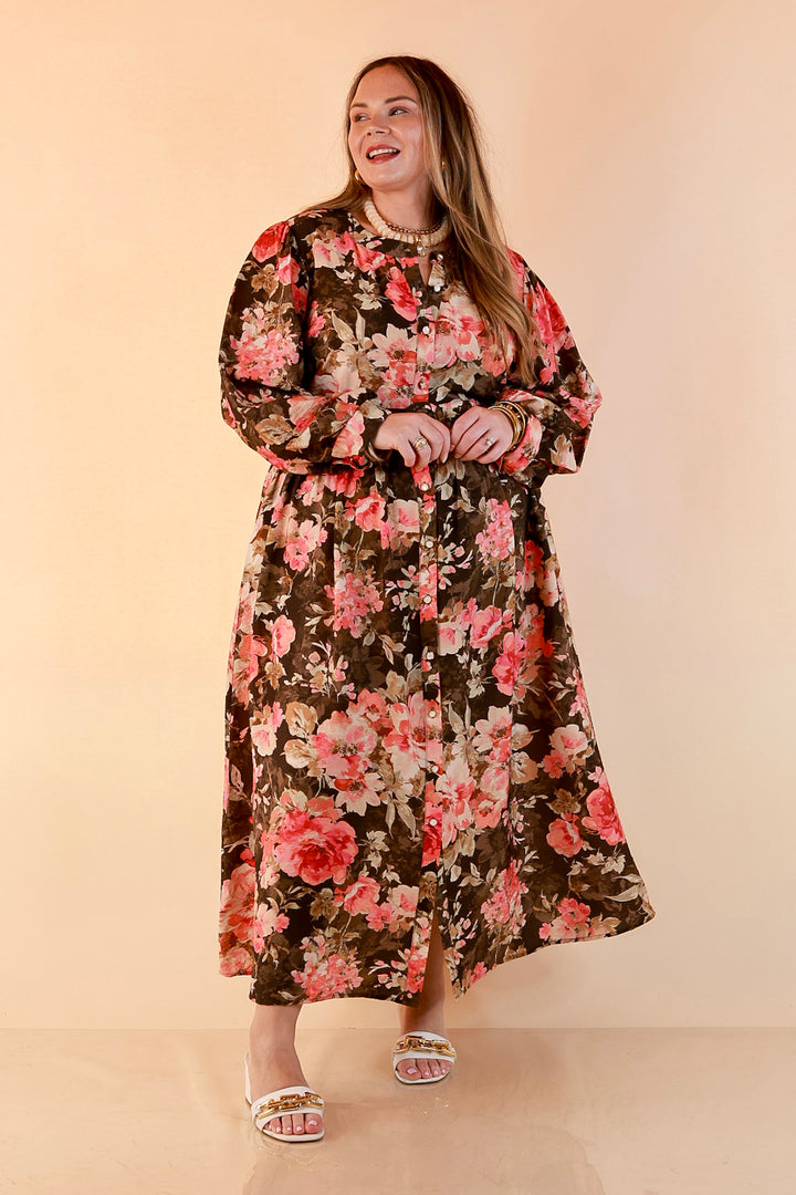 Written in the Roses Long Sleeve Floral Button Front Belted Midi Dress in Olive Green Multi