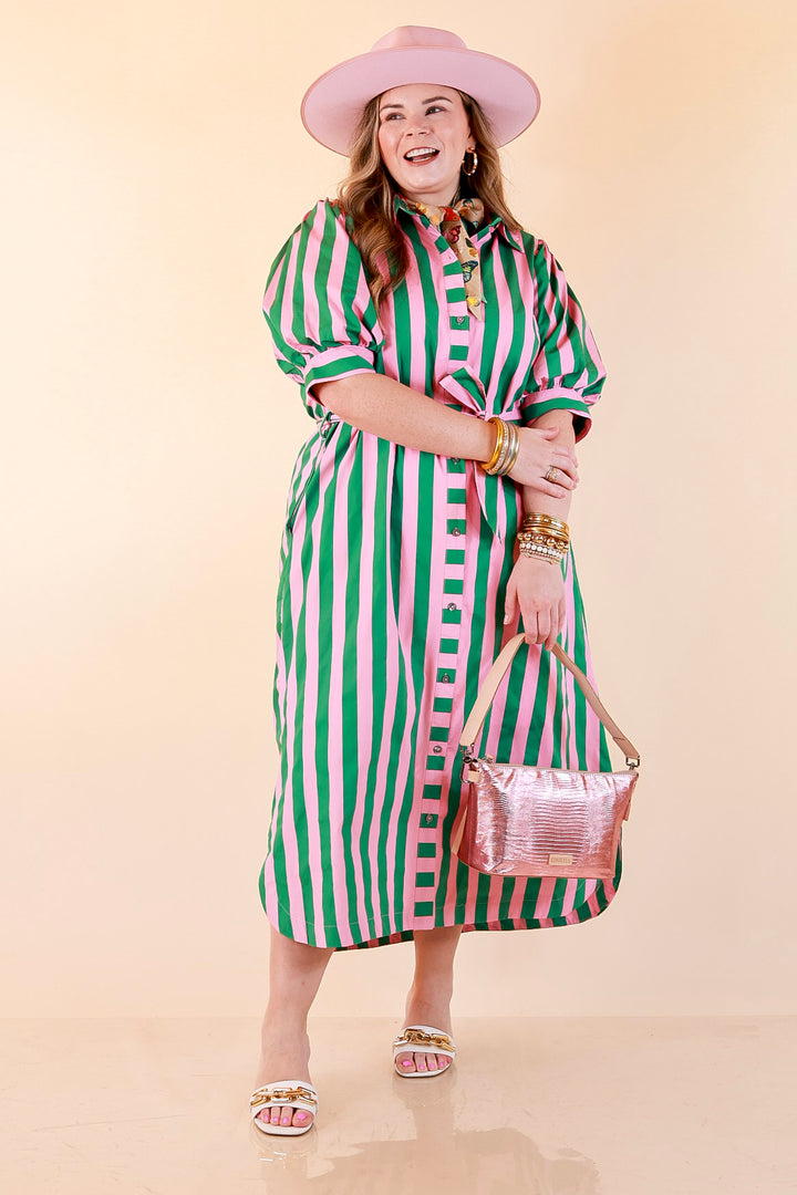 Palm Springs Pretty Puff Sleeve Button Front Belted Midi Dress with Stripe Print in Pink and Kelly Green