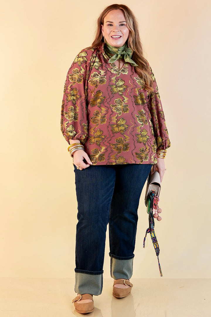 Beautifully Refined Olive Green Velvet and Metallic Detail Textured Floral Long Sleeve Blouse in Dusty Rose Mauve