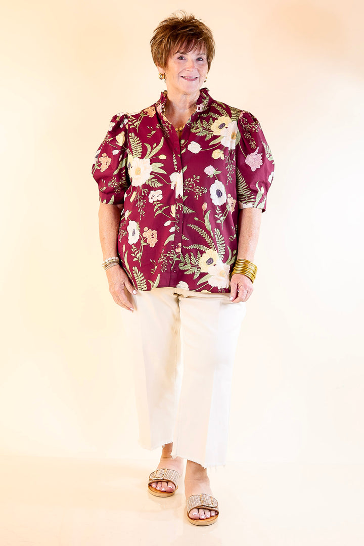 First Glance Button Up Puff Sleeve Floral Print Top in Maroon