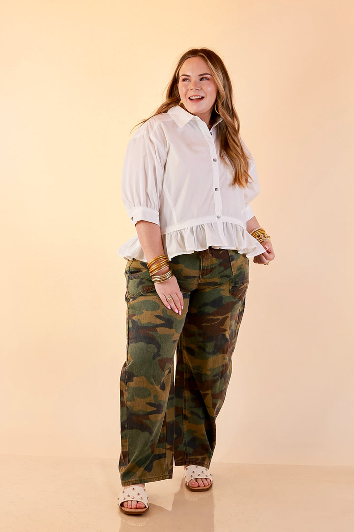 Style Agenda Solid Button Down Peplum Top in White