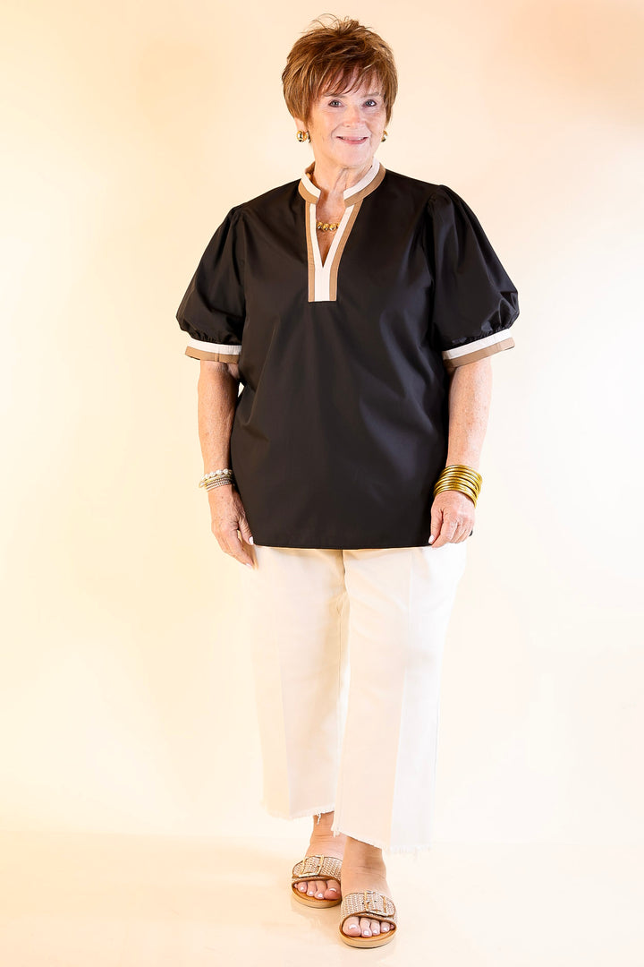 Standout Style V Neck Top with Short Balloon Sleeves and Natural Color Trim in Black