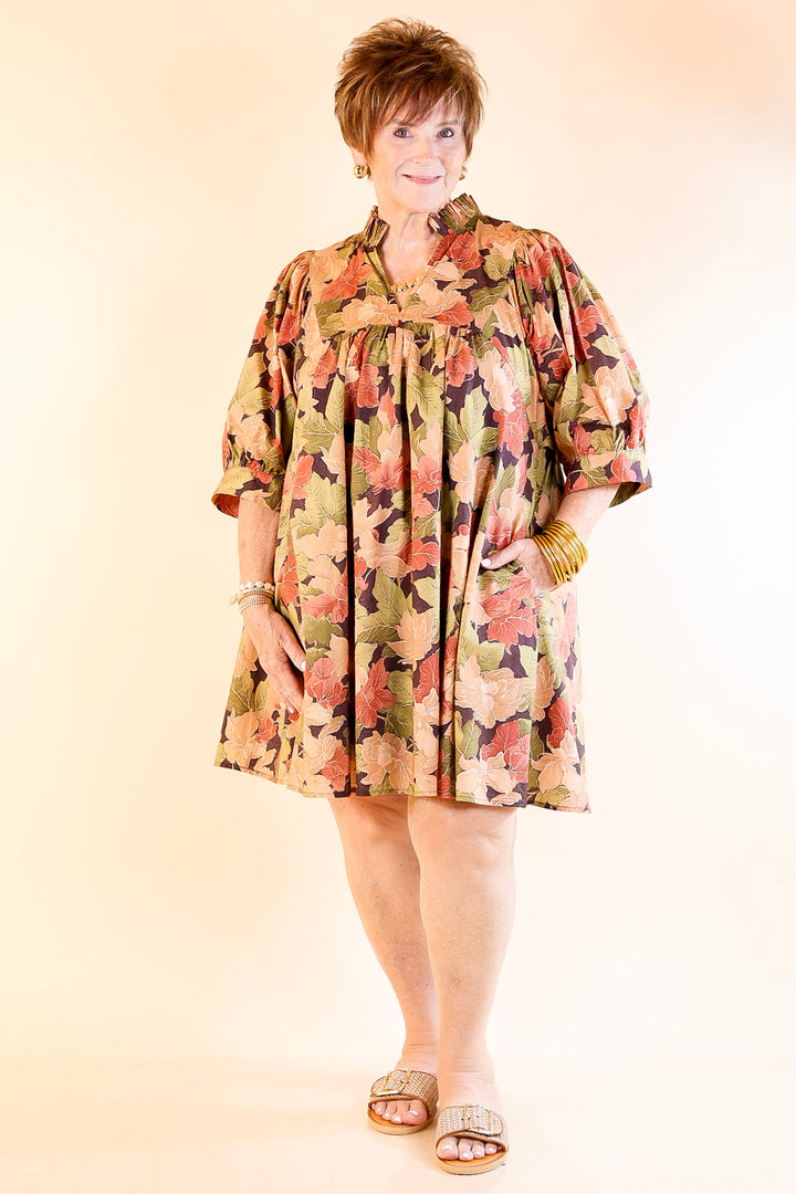 Endless Possibilities Floral Babydoll Dress with Puff Sleeves in Beige, Navy and Rust