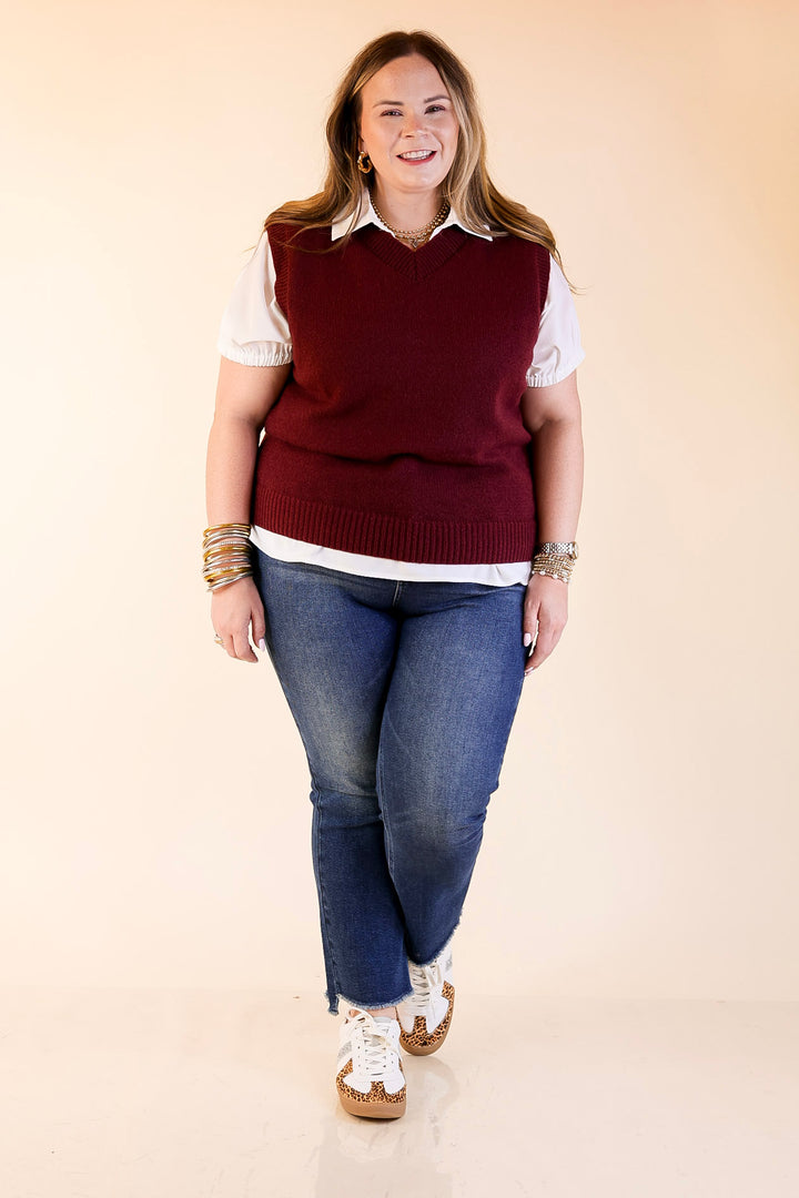 Vested Interest Knit V Neck Sweater Vest in Maroon