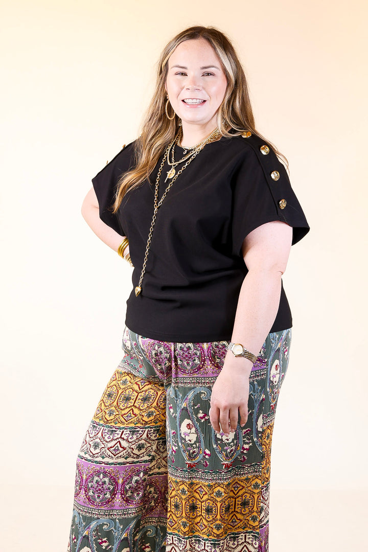 Golden Hour Glow Ribbed Crew Neck Top With Gold Button Detailing in Black