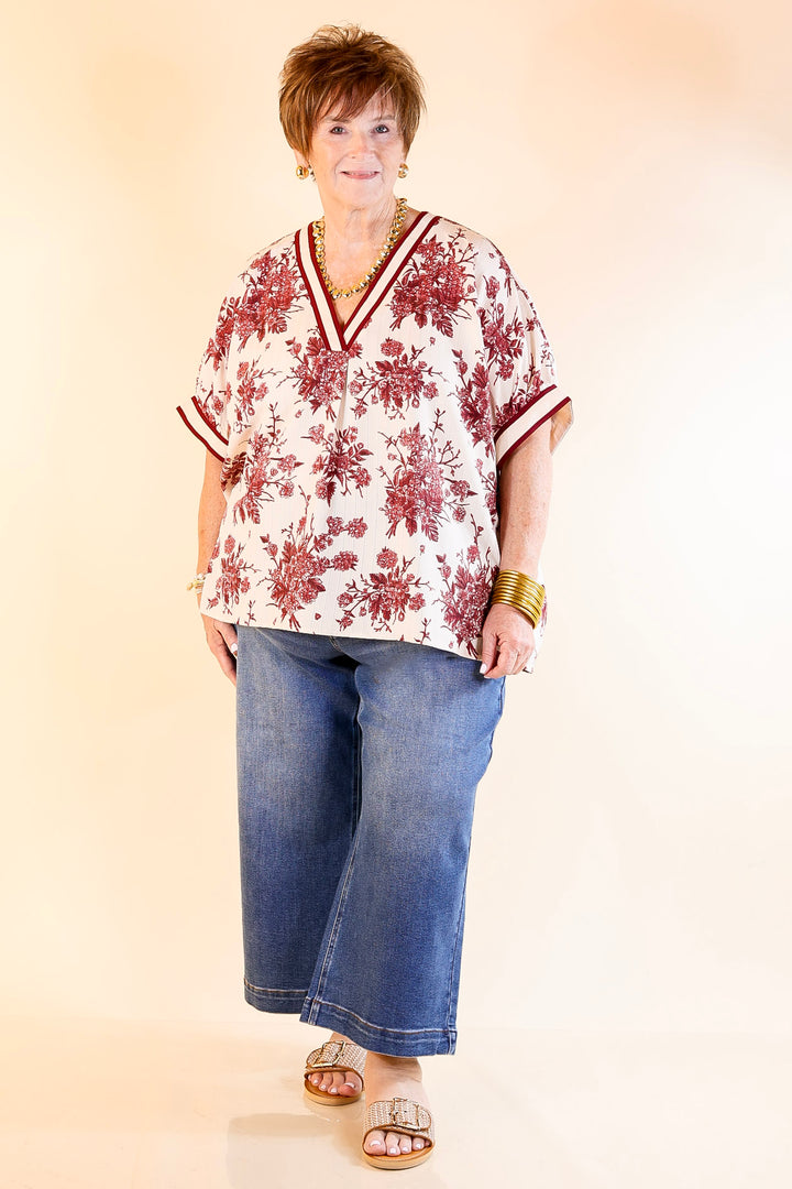 Chic Rewind V Neck Placket Floral French Toile Short Sleeve Top in Maroon and Ivory