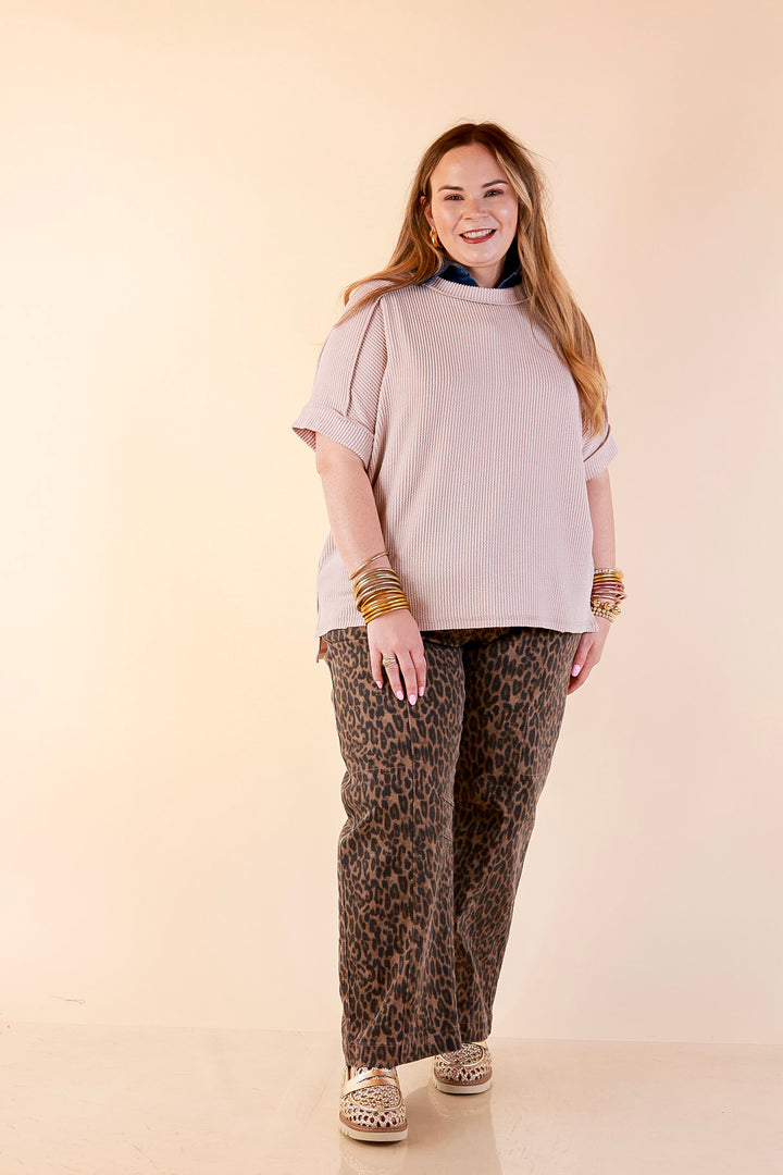 Daily Perfection Scoop Neck Short Sleeve Ribbed Top in Beige