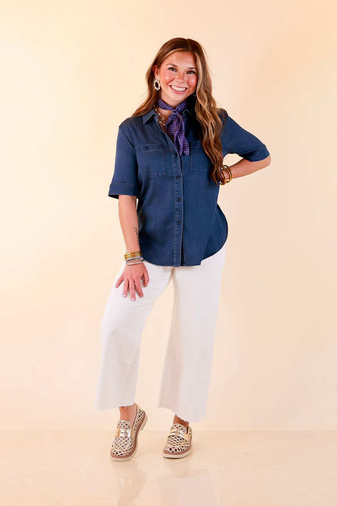Lyssé | Best Dressed Short Sleeve Button Down Chambray Denim Shirt in Dark Wash