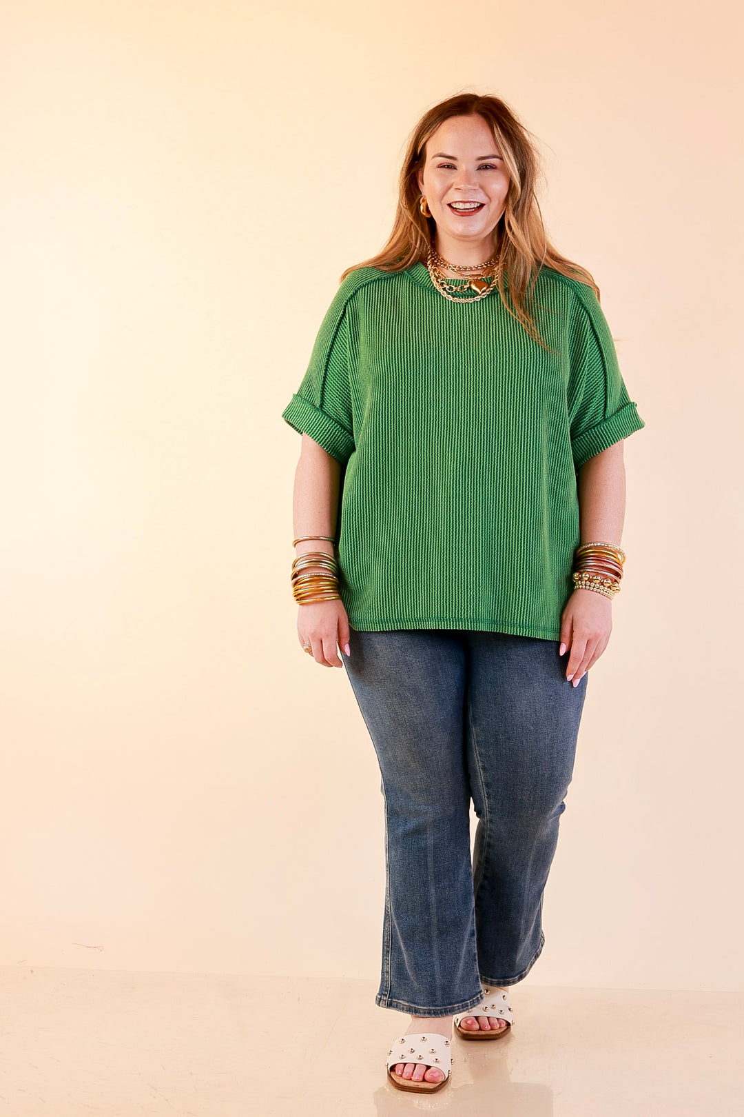 Daily Perfection Scoop Neck Short Sleeve Ribbed Top in Green
