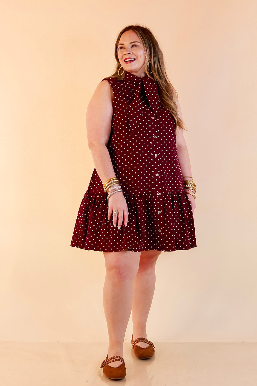 Sweet Spot Denim Polka Dot Bow Neck Tie Button Front Drop Waist Dress in Maroon