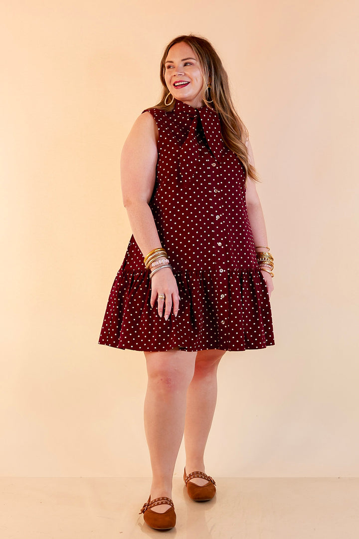 Sweet Spot Denim Polka Dot Bow Neck Tie Button Front Drop Waist Dress in Maroon