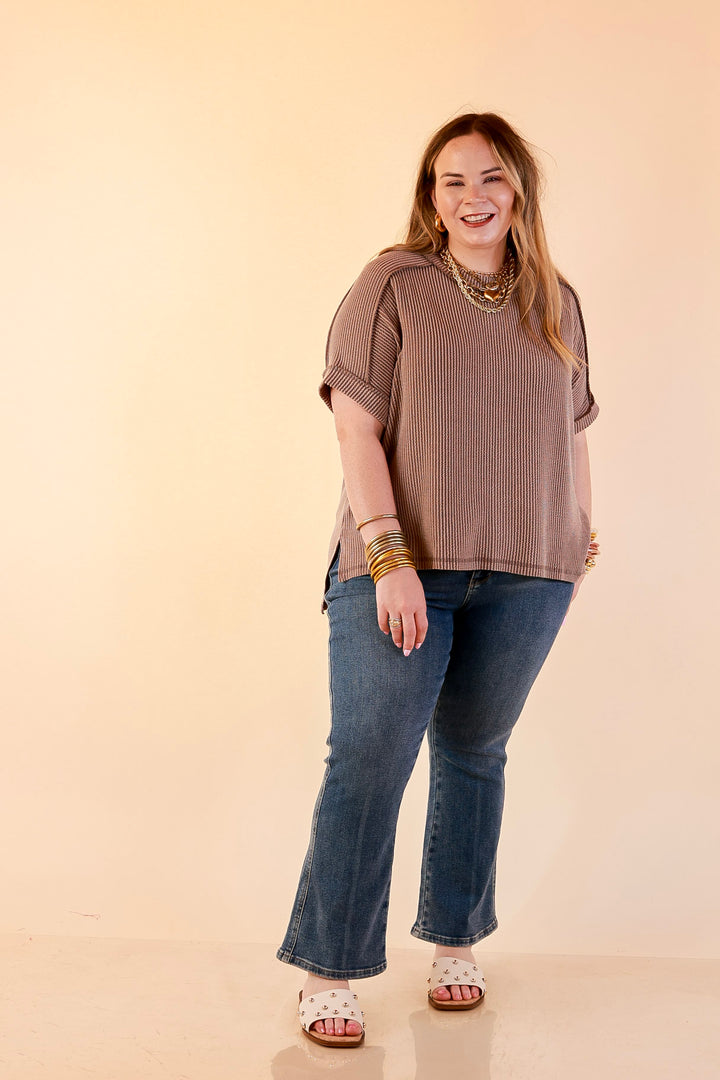 Daily Perfection Scoop Neck Short Sleeve Ribbed Top in Dark Mocha Brown