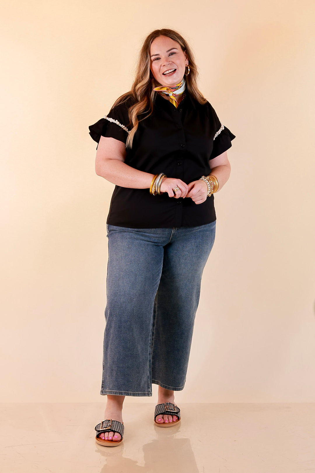 Pearl Perfection Pearl Trim Ruffle Sleeve Button Front Top in Black