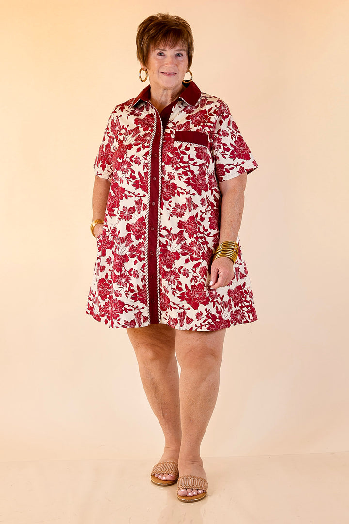 Chic Perspective Collared Button Up Floral Toile Shift Dress in Maroon