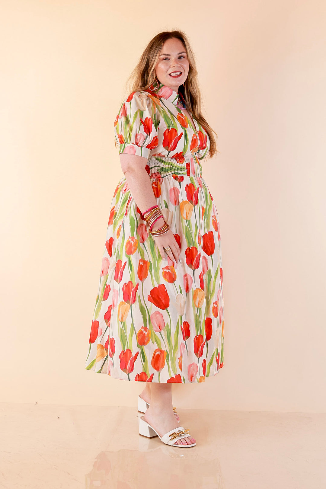 Modern Charm Zip Front Midi Tulip Print Dress with Smocked Waist and Short Sleeves in Cream