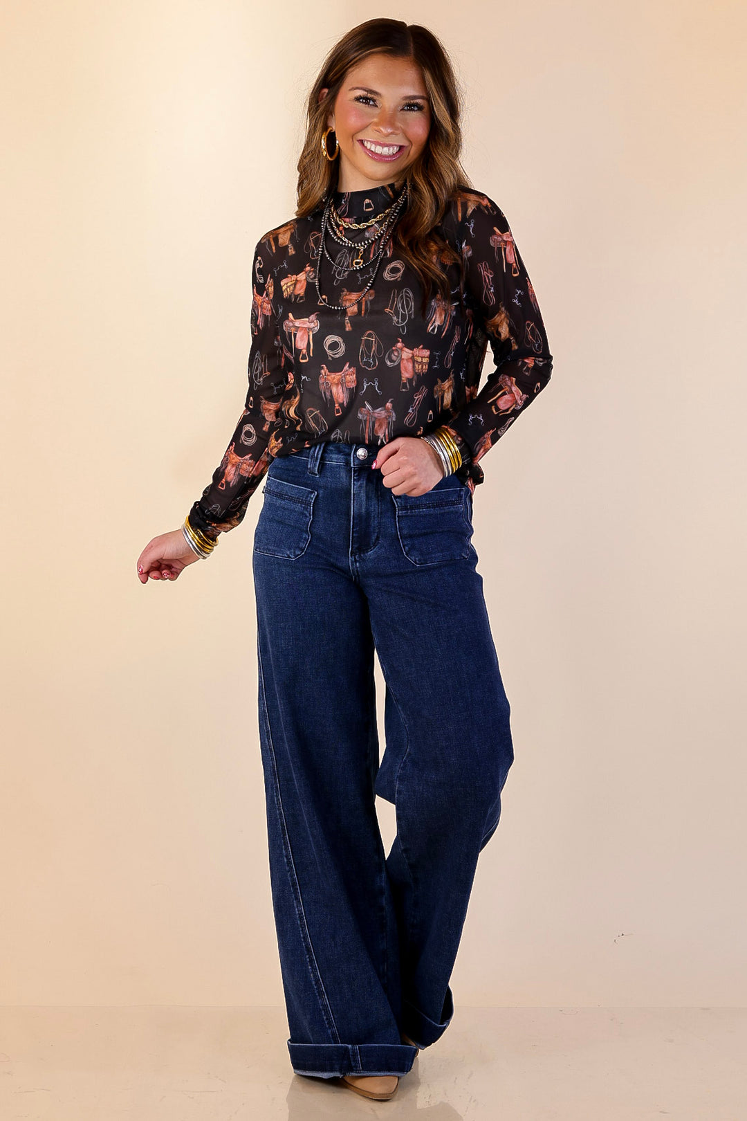 Sheer Confidence Western Saddle and Bits Icons Mesh Long Sleeve Top in Black