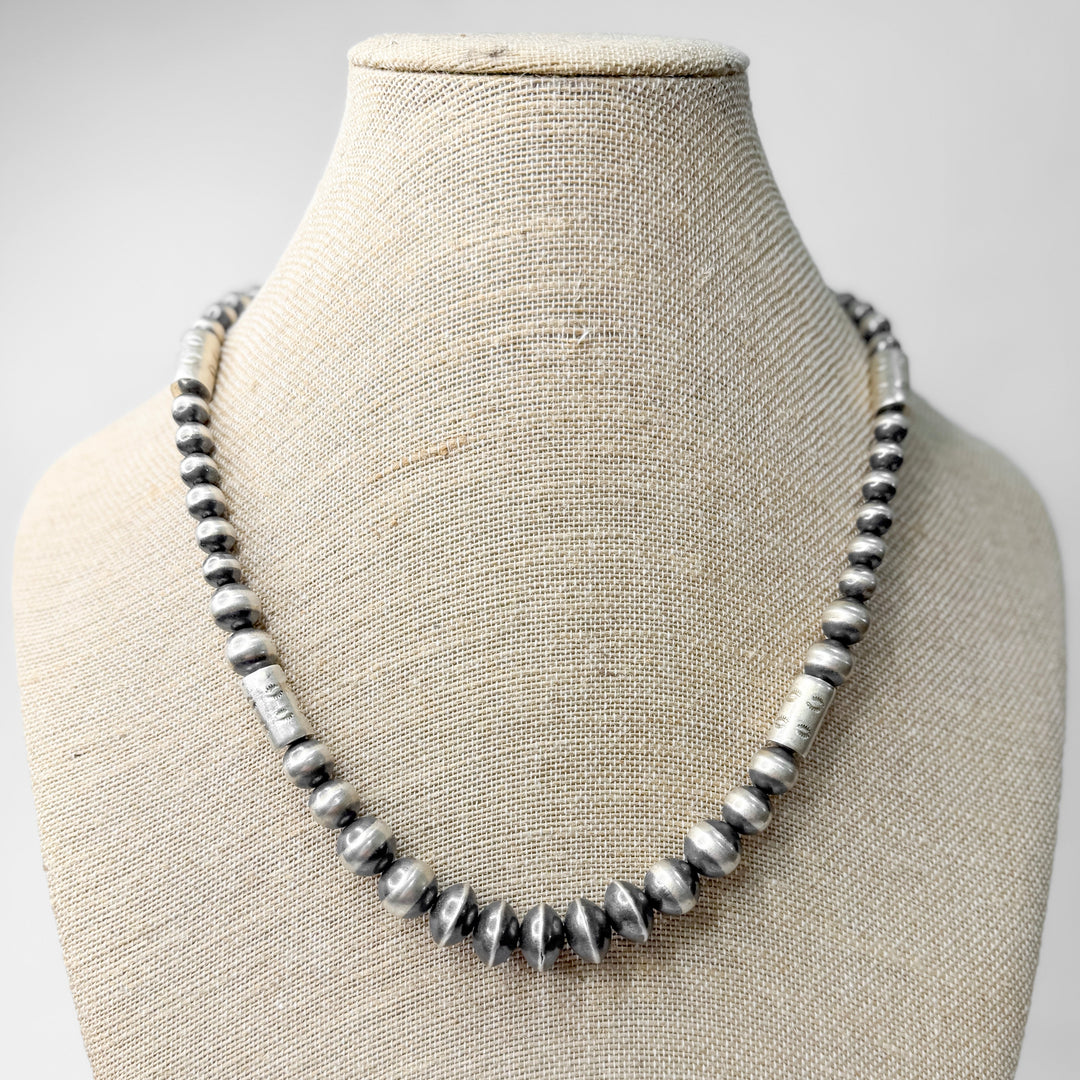 Navajo | Navajo Handmade Sterling Silver Graduated Navajo Pearl Necklace with Barrel Bead Spacers