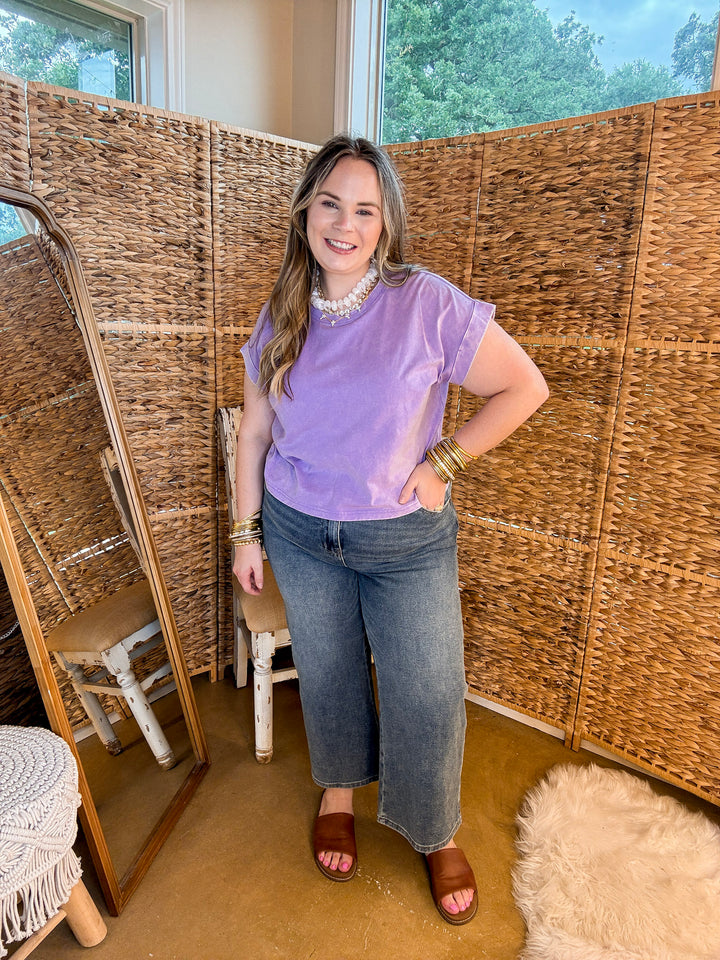 Easy Chic Mineral Washed Short Sleeve Cropped Tee in Lavender Purple