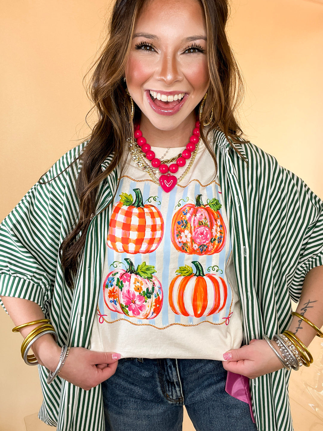 Prettiest in the Patch Stripe and Pumpkin Fall Graphic Tee in Natural