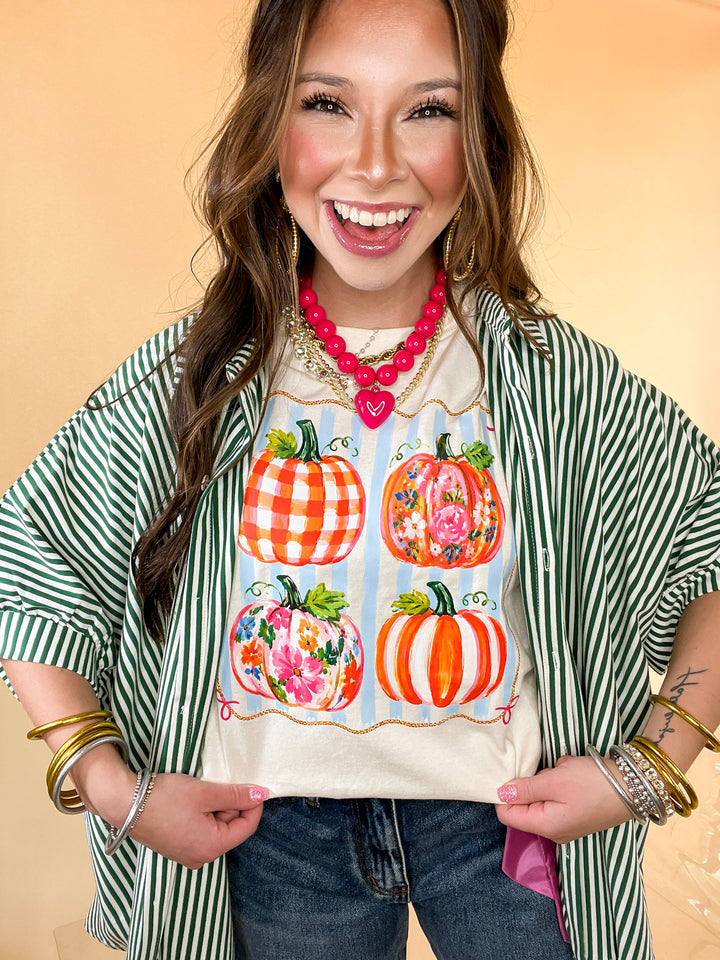Prettiest in the Patch Stripe and Pumpkin Fall Graphic Tee in Natural