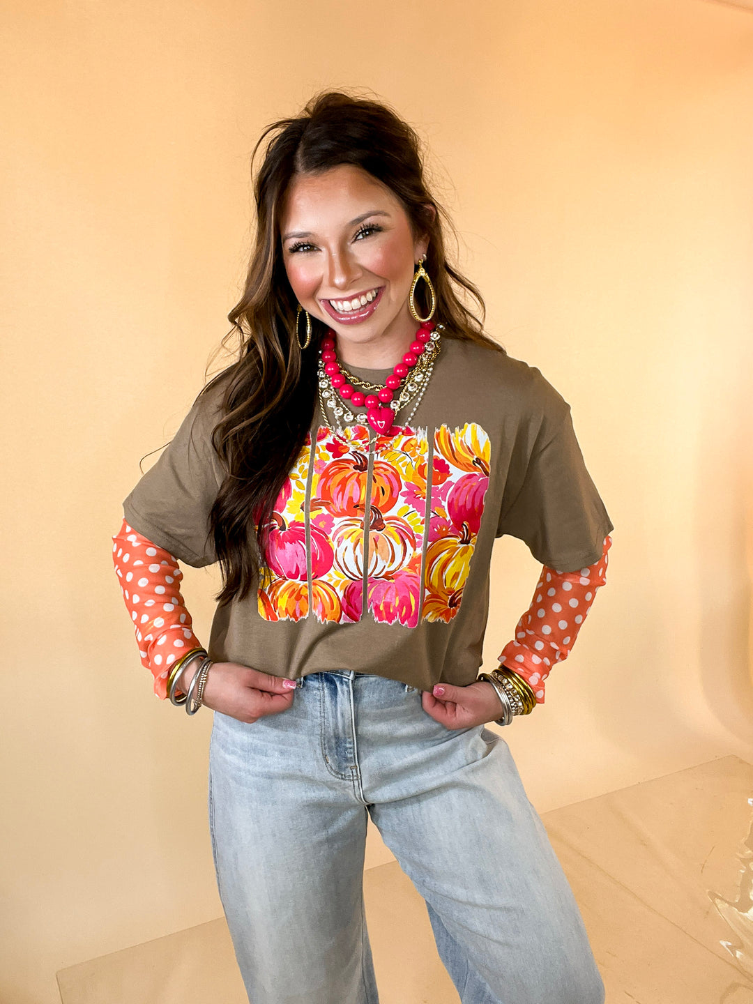 Art of the Season Painted Pumpkin and Floral Watercolor Stripes Fall Graphic Tee in Brown