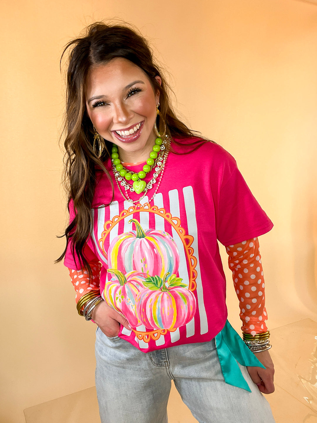 Fall in Full Color Stripe Watercolor Pumpkin Fall Graphic Tee in Hot Pink